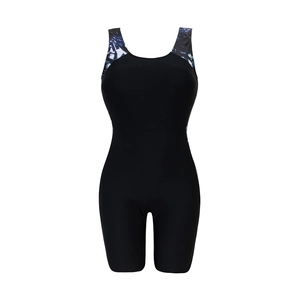 Costume da bagno sportivo intero nero da donna con motivi floreali blu in nylon