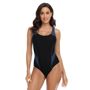 Women's one-piece athletic swimsuit with stylish color-block panels and open back design