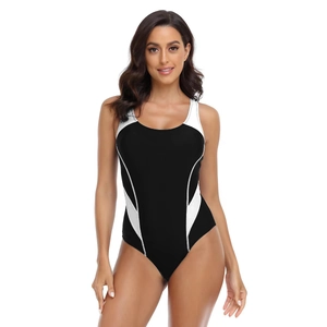 Athletic one-piece swimsuit in black and white contrast panels for women's swim training