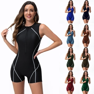 Professional Women's One-Piece Swimsuit Sleeveless Zipper Front Sporty Surfing Suit Contrast Piping High Stretch Bathing Suit