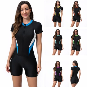 Bañador de Una Pieza Deportivo para Mujer Manga Corta Cremallera Frontal Rash Guard Surf Bloque de Color Traje de Baño
