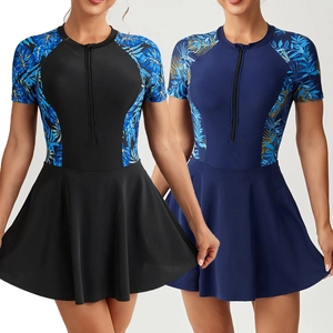Women One Piece Swimsuit Tropical Leaf Print Half Zip Short Sleeve Pleated Skirt Bathing Suit Conservative Surf Wear