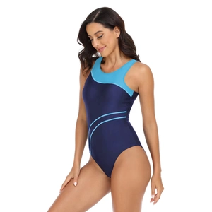 Close-up of sporty navy blue one-piece swimsuit with light blue contrast piping trim