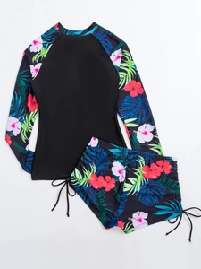 Bikini deux pièces à manches longues avec imprimé floral tropical et bas à nouer
