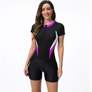 Bañador de una pieza de manga corta para mujer con cremallera frontal y bloques de color