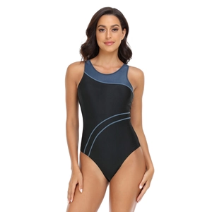 Women's athletic one-piece swimsuit with black and navy blue color block panels