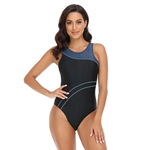 Detail of professional one-piece swimsuit with racerback and blue color-block trim