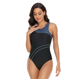 Close-up of sporty one-piece swimsuit featuring black and grey contrast paneling
