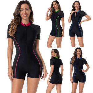 Maillot de Bain Une Pièce pour Femmes Manches Courtes Fermeture Éclair Avant Combinaison de Surf Color Block Conservateur Coupe Ajustée pour Surf Plongée