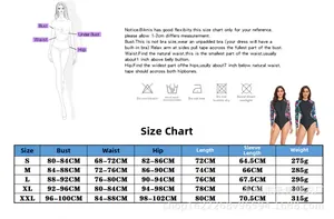 Size chart for long sleeve one-piece swimsuit with detailed S-XXL dimensions in cm