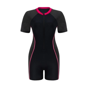 Maillot de bain une pièce à manches courtes pour femme avec zip frontal rose