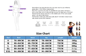 Size chart for women's athletic one-piece swimsuit with bust, waist, and hip measurements