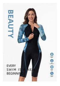 Detail of women's long-sleeve surfing swimsuit with front zipper and ink print