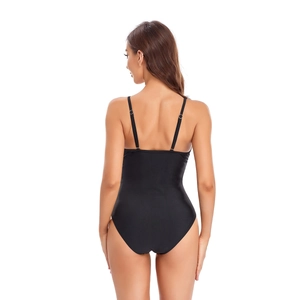Detail view of the black one-piece swimsuit featuring adjustable thin straps on the back
