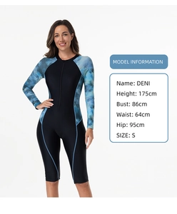 Detailed size chart and model information for long sleeve athletic one-piece swimwear
