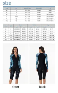 Size chart for long sleeve surfing swimsuit showing US sizes and body measurements