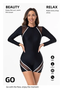 Detail of long-sleeve mesh panel swimsuit with white contrast piping and front zipper