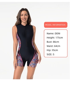 Detailed chart showing model measurements for the athletic long sleeve surfboard swimsuit