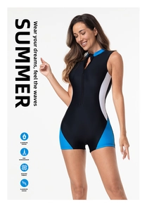 Detail of athletic one-piece swimsuit featuring front zipper and color-block side panels