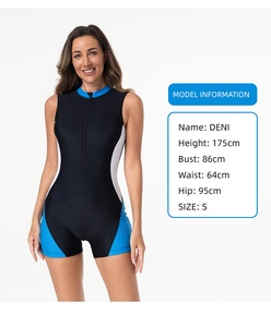Detail view of athletic one-piece swimsuit with front zipper and blue side panels
