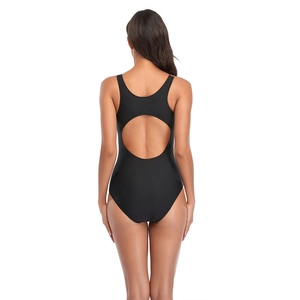 Detailed back view of a black one-piece swimsuit featuring a deep U-shaped open back design