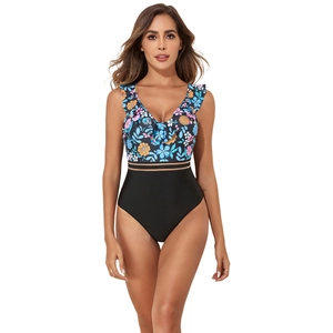 Detail of floral print one-piece swimsuit with V-neck ruffles and mesh waist splicing