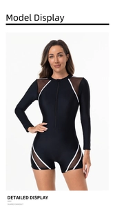 Detail view of women's long sleeve one-piece swimsuit with mesh panels and front zipper