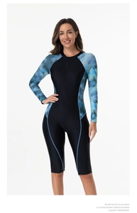 Close-up of long sleeve swimsuit featuring front zipper and blue ink print details