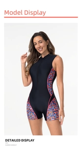 Detailed view of women's one-piece sporty swimsuit with front zipper and colorful patterns