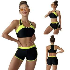 Women Sporty Swimsuit Top And Shorts Front Zipper Racerback Bikini High Waist Boy Shorts Color Block Bathing Suit Beachwear