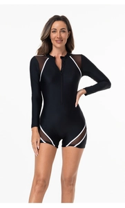 Detail of long sleeve swimsuit with zipper, mesh panels and white curved contour lines