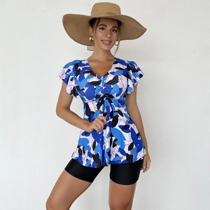 Detail view of floral print tankini with V-neck drawstring and ruffle sleeves for women