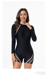 Close-up of long sleeve swimsuit featuring front zipper and mesh stitching detail