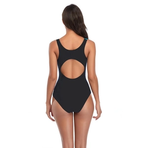 Detail of black athletic one-piece swimsuit with racerback cutout and elastic fabric