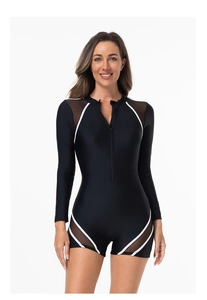 Detailed front view of long sleeve one-piece swimsuit with zipper and mesh panels