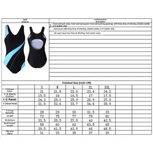 Detailed size chart for women's athletic one-piece swimsuit with dimensions from S to XXL
