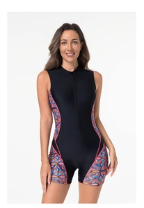 Detail of a black sporty one-piece swimsuit featuring colorful floral patchwork and front zipper