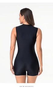 Rear view of black sleeveless one-piece athletic bodysuit showing slim fit and stretch fabric