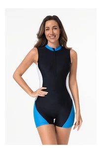 Detail of professional one-piece surfboard swimsuit with front zipper and athletic splicing