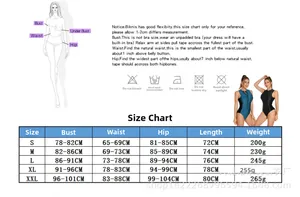 Detailed size chart for women's one-piece swimsuit featuring bust and waist measurements