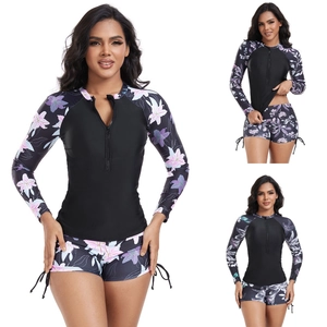 Women Long Sleeve Two Piece Swimsuit Floral Print Rash Guard Zipper Surf Suit With Boyshorts Top And Bottom Bikini