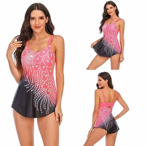 Detailed views of plus size tankini featuring pink gradient and sequined peacock feathers
