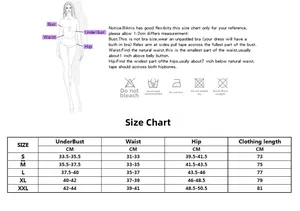 Detailed size chart for women's one-piece swimsuit with bust, waist, and hip measurements