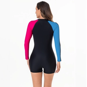Rear view of long sleeve one-piece surfboard swimsuit with vibrant color-block design