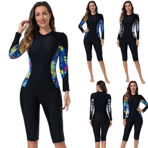 Maillot de Bain Une Pièce à Manches Longues pour Femmes Fermeture Éclair Avant Imprimé Floral Géométrique Combinaison Surf