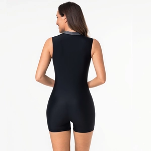 Back view of a black one-piece athletic swimsuit with grey trim and racerback design