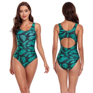 Women Tropical Palm Leaf Print One Piece Swimsuit Backless Cutout Sexy U-Neck Slim Fit Beach Vacation Bathing Suit Summer