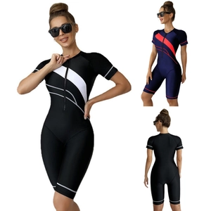 Damen Sportlicher Einteiliger Badeanzug Kurzarm Frontreißverschluss Surfen Tauchen Bademode Farbblock Hochelastischer Bodysuit