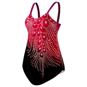 Detail of gradient red and black swimsuit top featuring a faux rhinestone peacock pattern