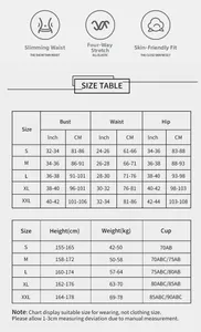 Detailed size chart for women's one-piece swimsuit including bust, waist, and hip measurements